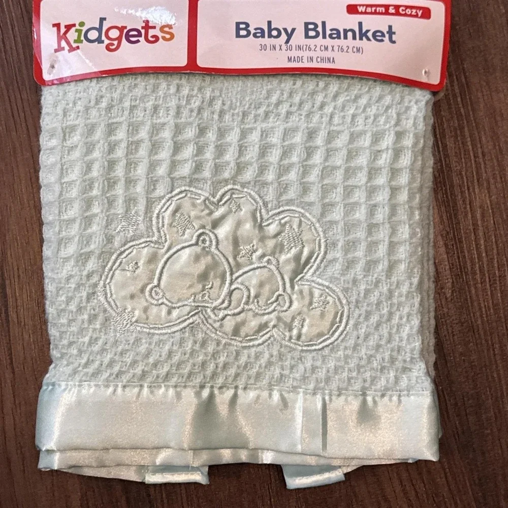 VTG Aqua Blue Baby Blanket‎ Waffle Satin Trim Kidgets Warm & Cozy Sleeping Teddy